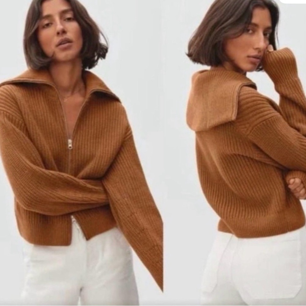 Everlane organic cotton zip cardigan, chunky, wide collar,toasted almond,size L